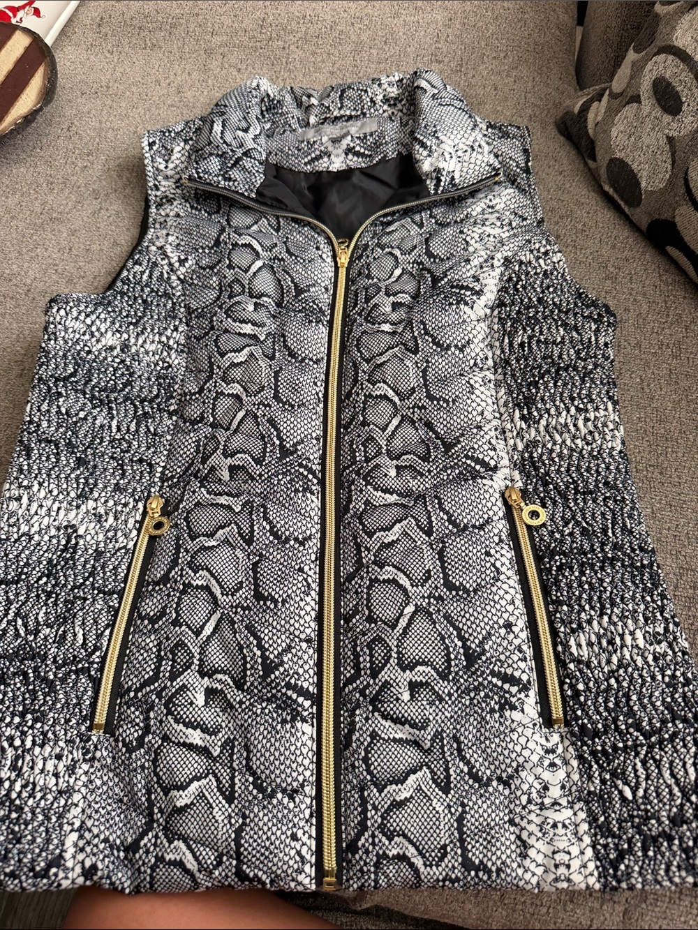 Sleeveless Snake-Print Zip Vest with Gold Hardware - Black & White